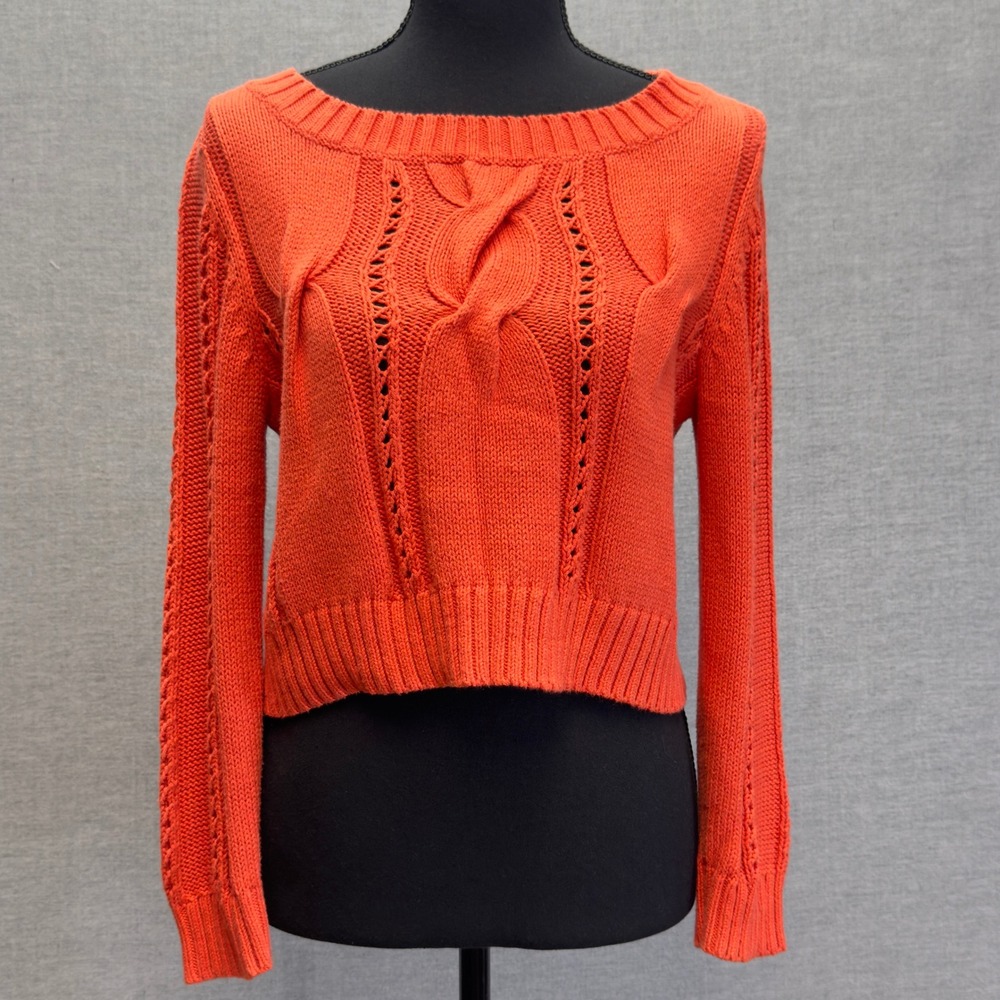 Anthropologie Far Away From Close Orange Cable Knit Cropped Sweater Size‎ Small